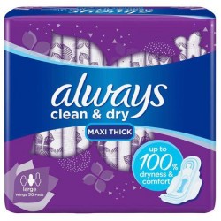 Always Clean And Dry Maxi Thick, Large Sanitary Pads With Wings, 30 Pads