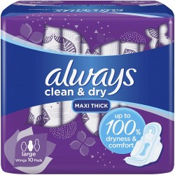 Always Clean & Dry Maxi Thick, Large sanitary pads with wings, 10 pads