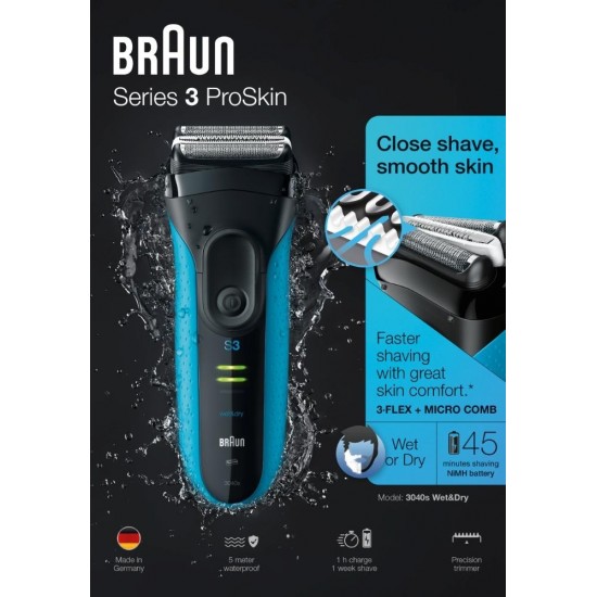 براون  Series 3 Pro Skin ماكينة الحلاقة اللاسليكة 3040s الجافة والرطبة 